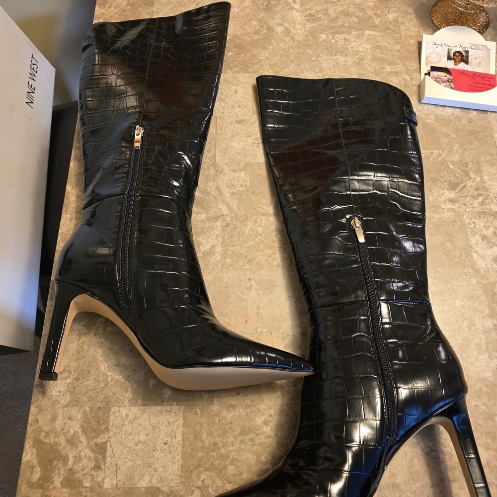 Nine West Black Croc-Embossed Heeled Boots - Picture 3 of 8